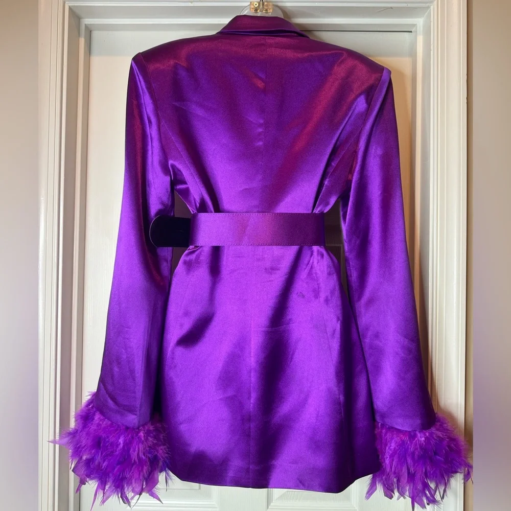 Bronx and Banco Odessa Feather-Cuff Belted Blazer in Purple - Picture 8 of 10